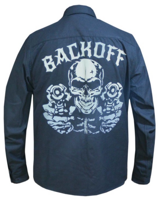 Mens Black Reflective Backoff Skull Long Sleeve Cotton Flannel Shirt