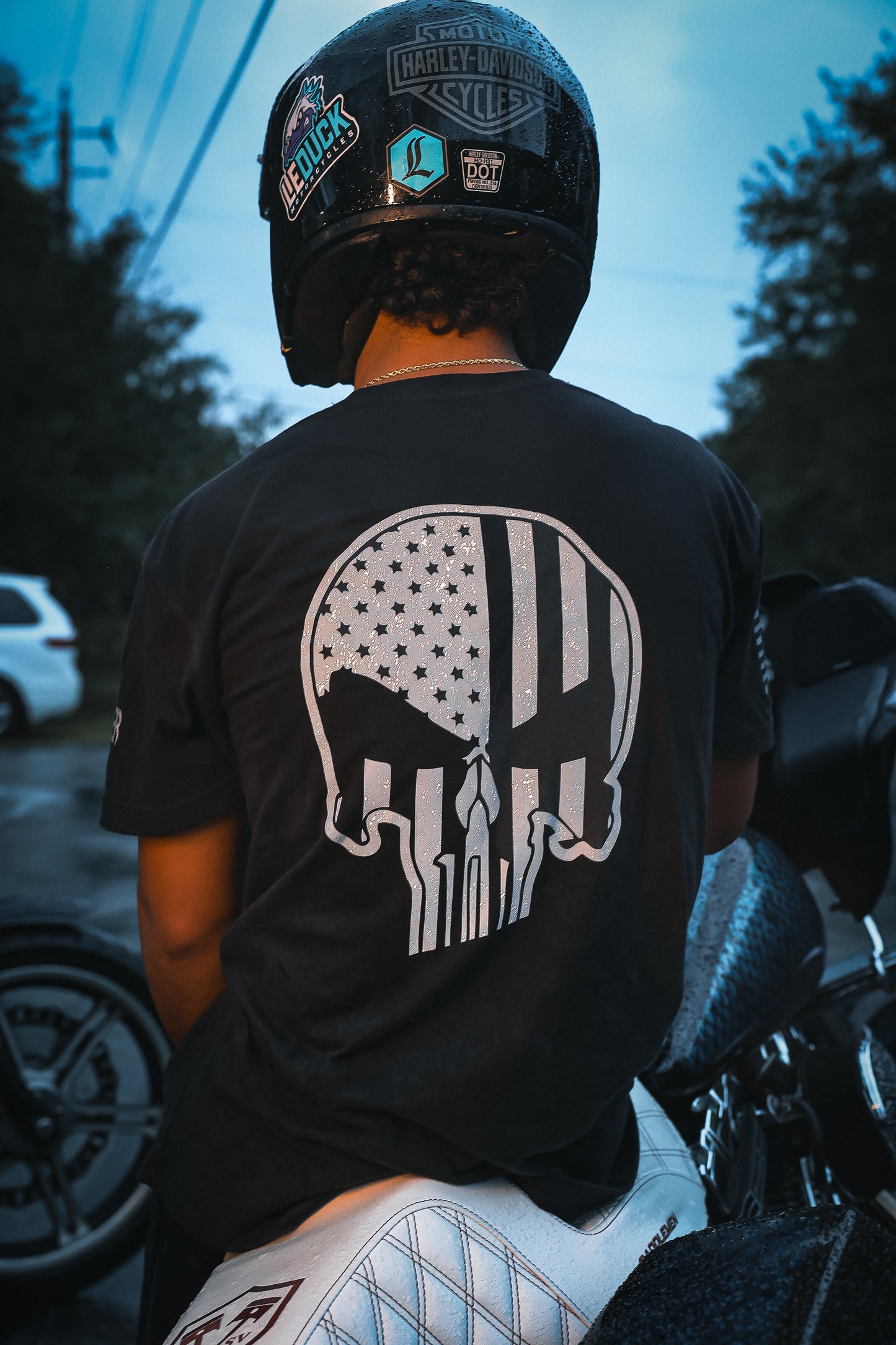 The Mercenary - Reflective Skull and Flag Motorcycle T-Shirt