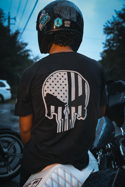 The Mercenary - Reflective Skull and Flag Motorcycle T-Shirt