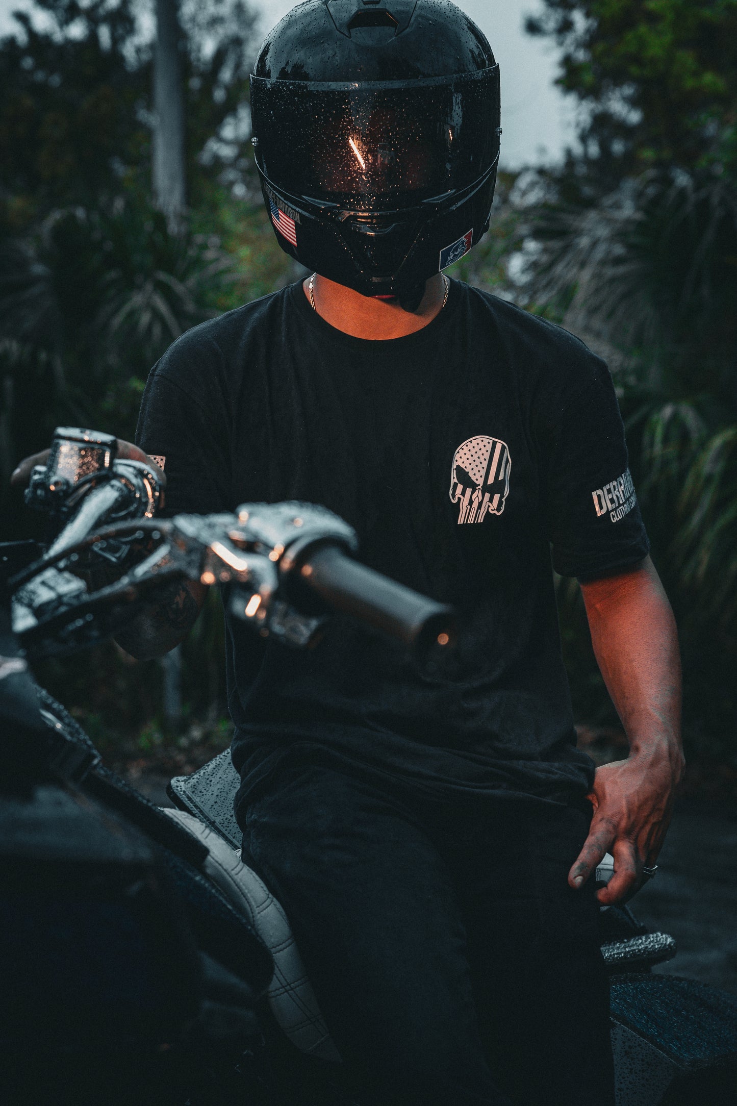 The Mercenary - Reflective Skull and Flag Motorcycle T-Shirt