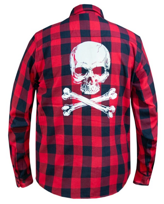 Mens Black and Red Flannel Shirt with Reflective Skull Design on Back